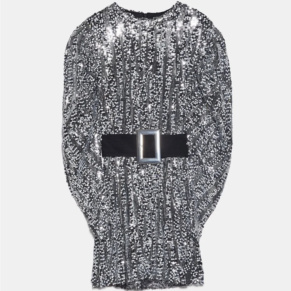 Zara White & Silver💎💎💎 Sequin Belted Mini Dress - Sz Large - NWT SALE - Picture 5 of 11
